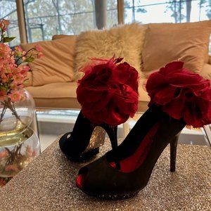 Beverly Feldman Black Red Satin Rose Flower 4" Platform High Heel Shoes 9.5